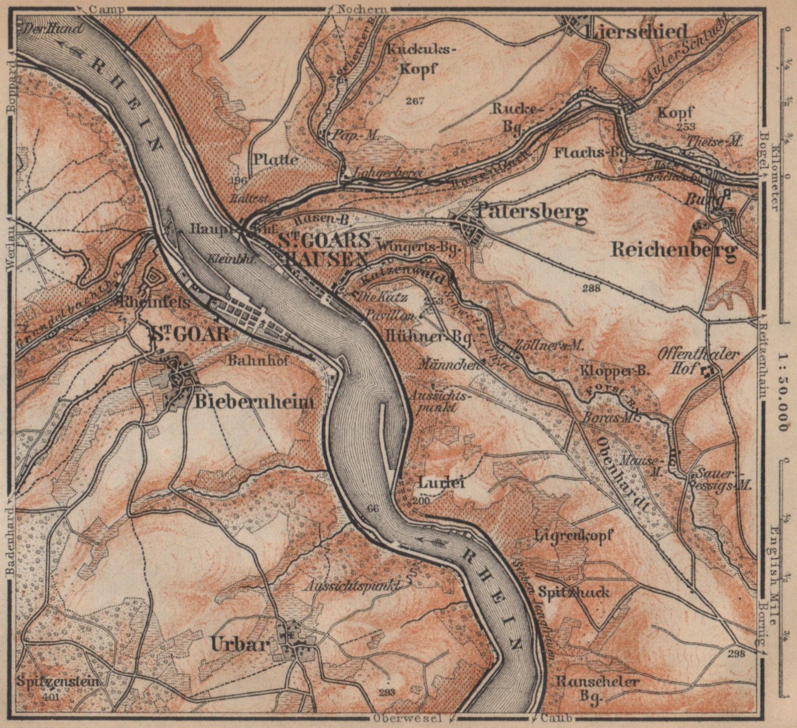 SANKT GOAR ST GOARSHAUSEN Oberes Mittelrheintal Rhine Gorge karte SMALL 1903 map